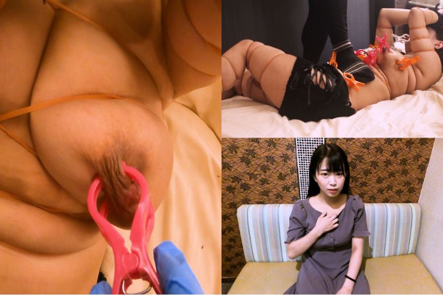 爆乳Hカップ不思議ちゃんの輪ゴム緊縛洗濯ばさみ責め(腹パンチあり)